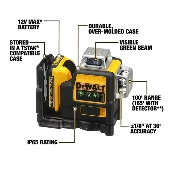 DEWALT Laser Level DW089LG Self Levelling 12 Line 3 x 360 Degrees Green Beam Las - Picture 6 of 11